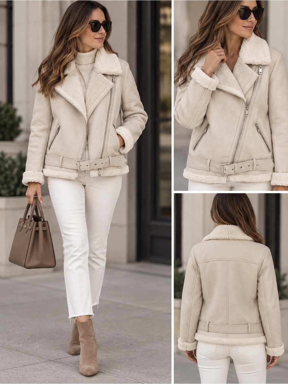 Zara Cream Faux-Shearling Moto Puffer Jacket size Small